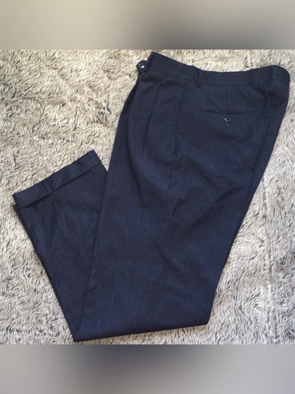 Custom Tailored Wool Cashmere Pinstripe Dress Pants Men’s 34x30 Navy As-Is